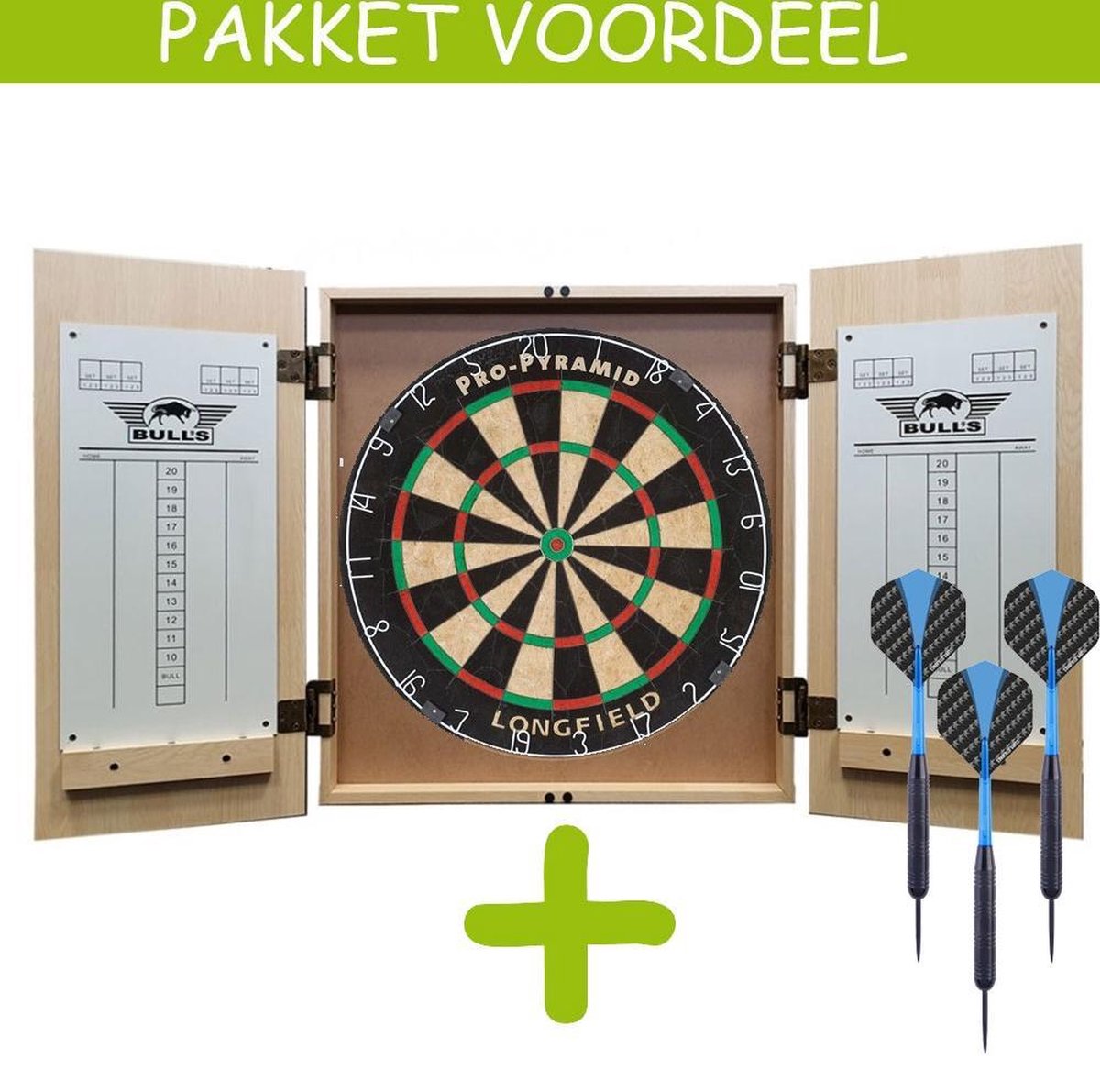 Deluxe Dartkabinet Light Oak + Pro Pyramid + 1 Set Black Brass